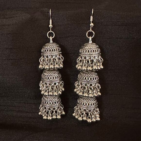 Bollywood Desi Boho Jhumka Tiered Silver Tone Oxidized Earrings - Picture 2 of 4